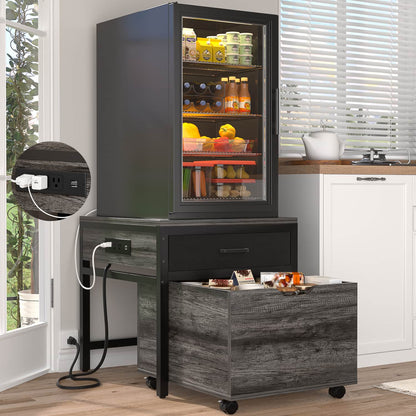 End Table with Charging Station, Mini Fridge Stand with Rolling Drawers