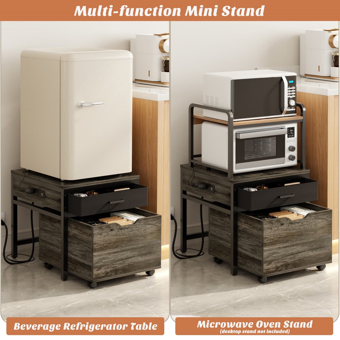 End Table with Charging Station, Mini Fridge Stand with Rolling Drawers