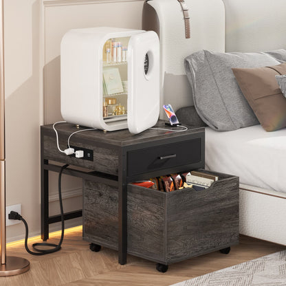 End Table with Charging Station, Mini Fridge Stand with Rolling Drawers