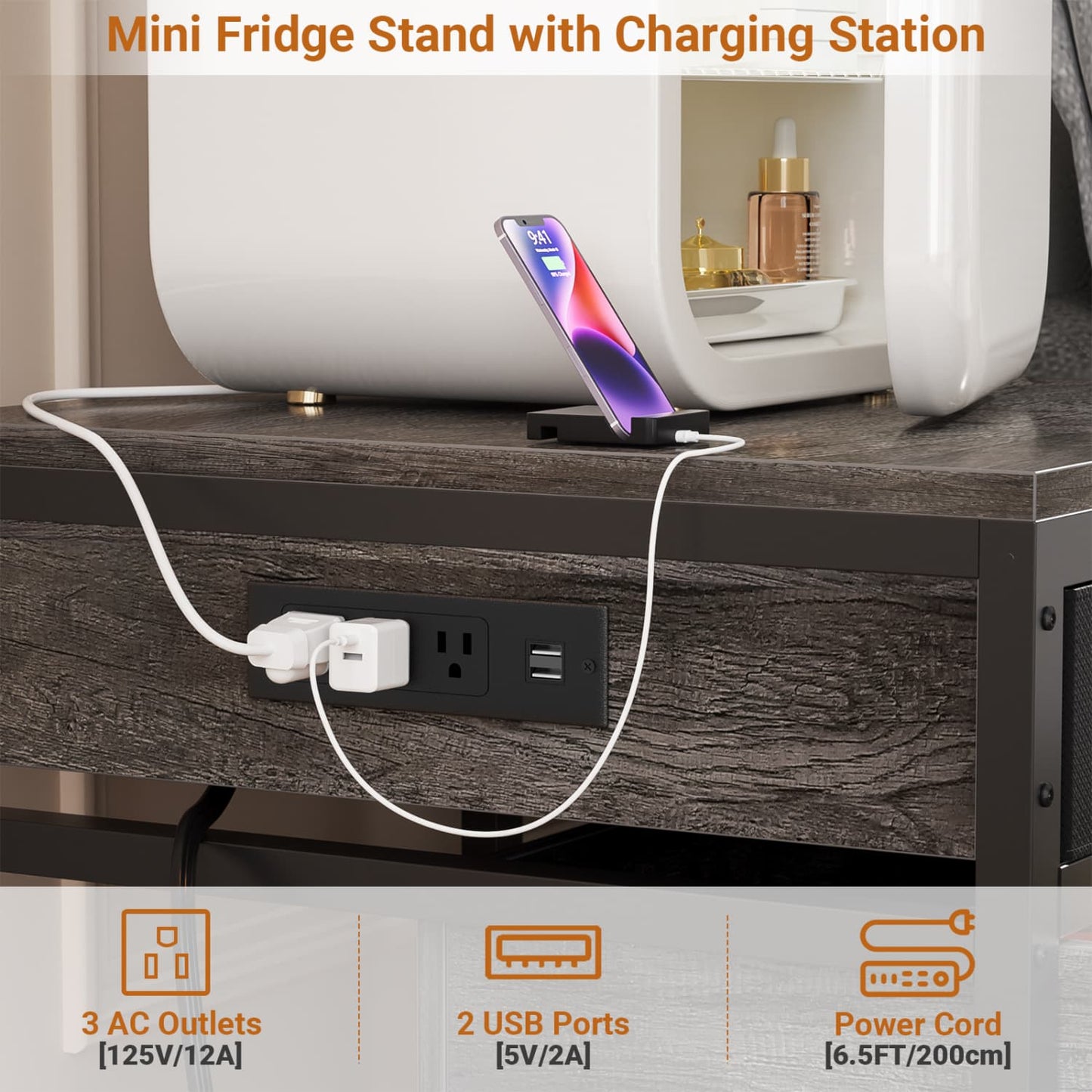 End Table with Charging Station, Mini Fridge Stand with Rolling Drawers