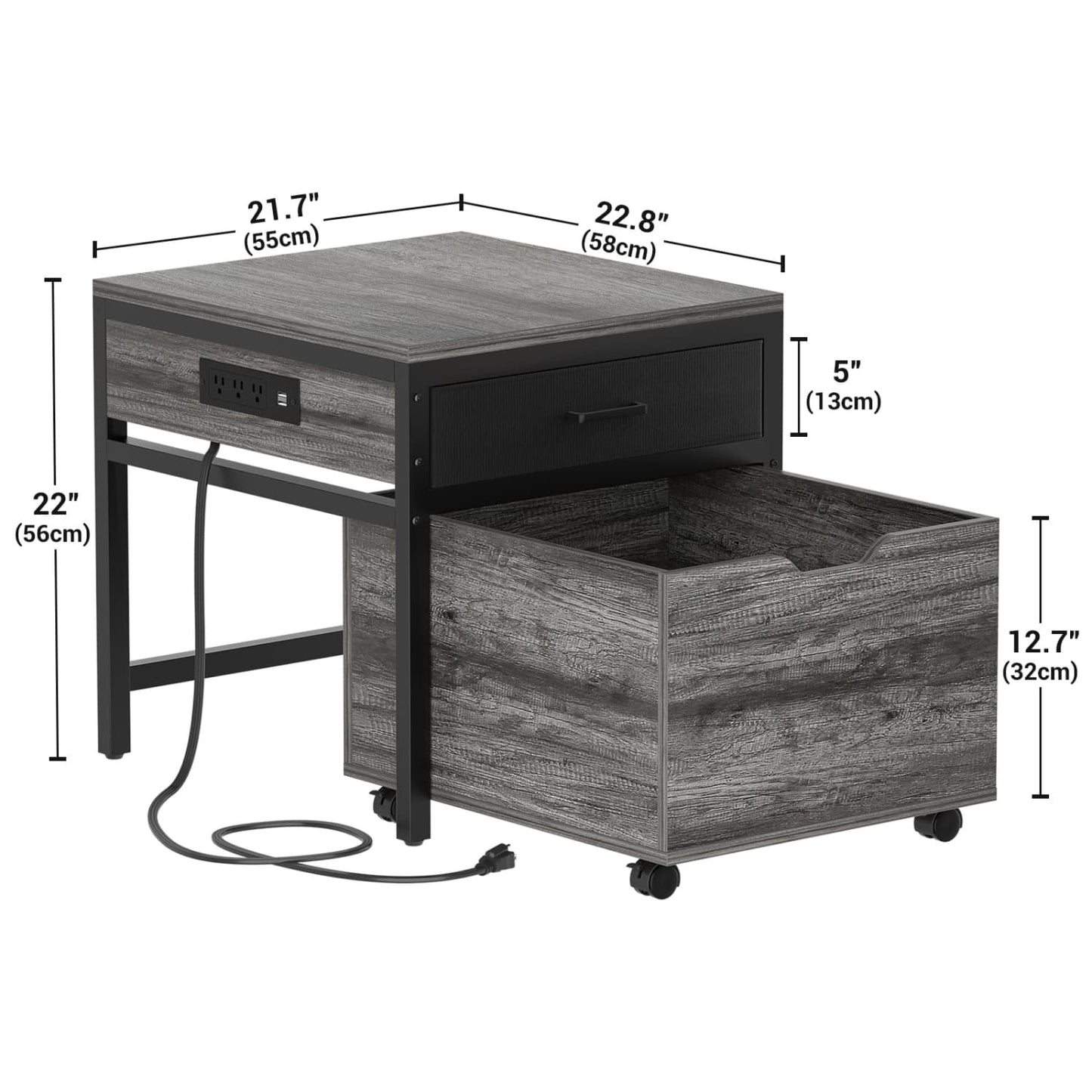 End Table with Charging Station, Mini Fridge Stand with Rolling Drawers