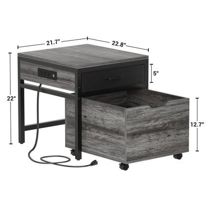 End Table with Charging Station, Mini Fridge Stand with Rolling Drawers