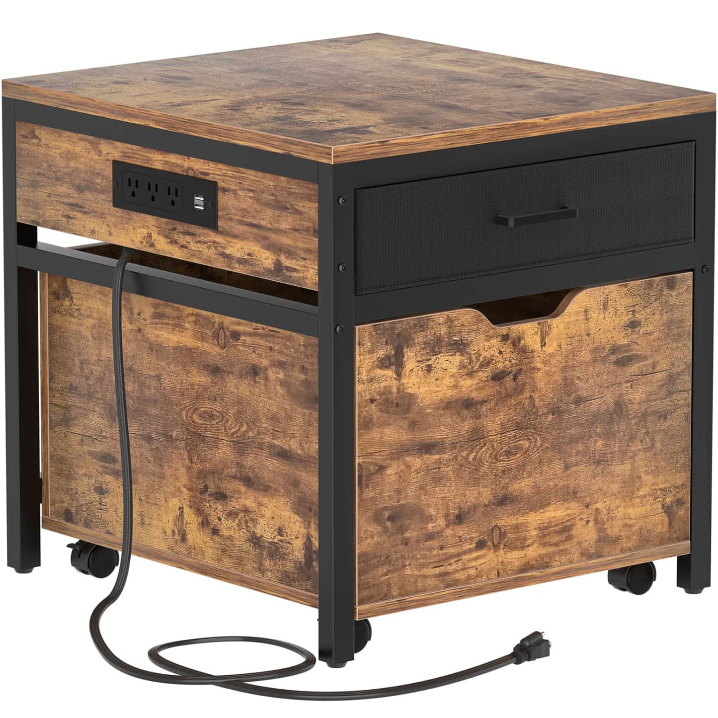 End Table with Charging Station, Mini Fridge Stand with Rolling Drawers