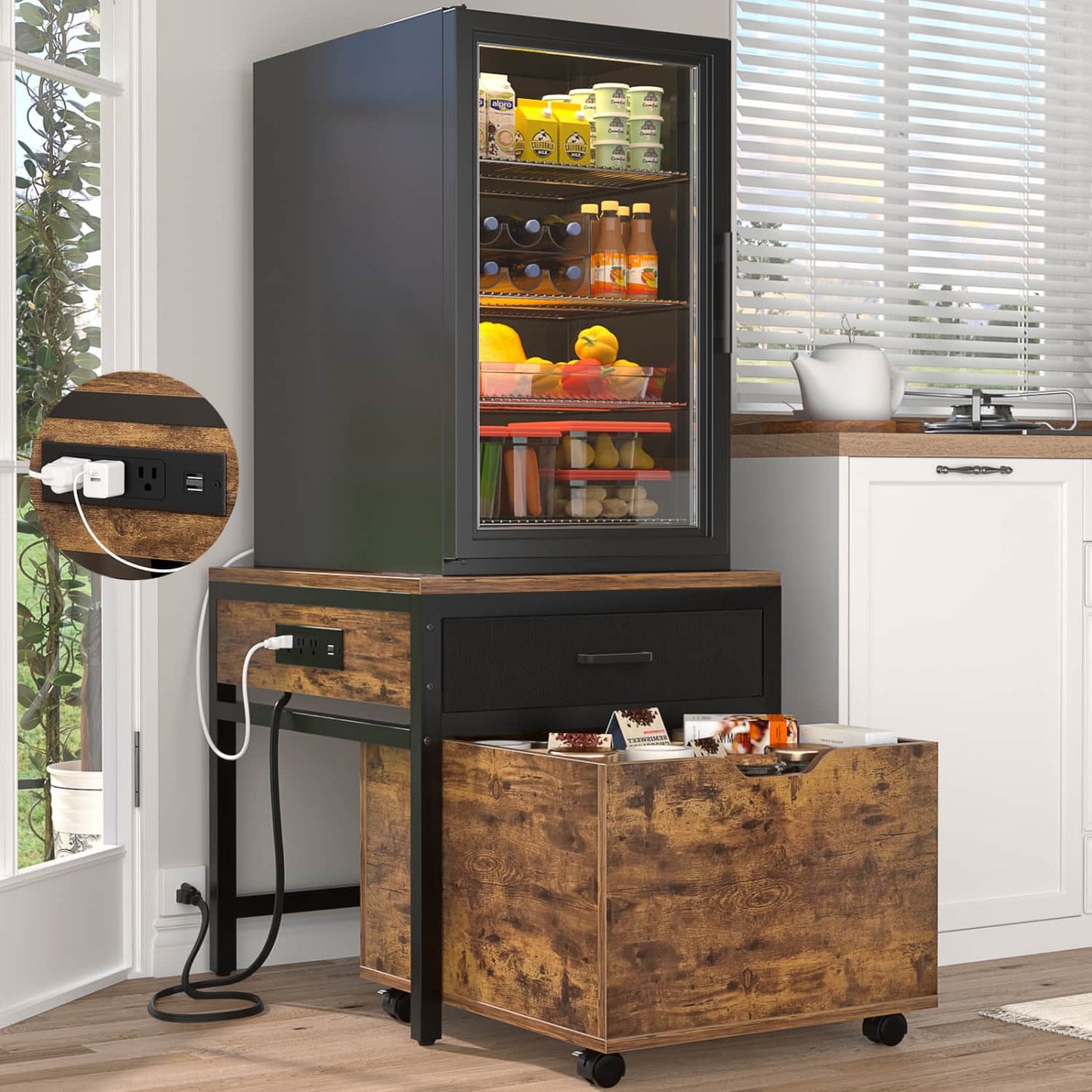 End Table with Charging Station, Mini Fridge Stand with Rolling Drawers