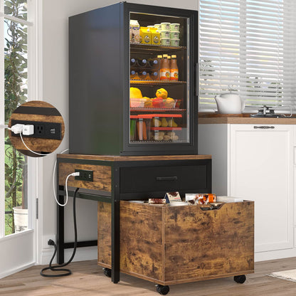 End Table with Charging Station, Mini Fridge Stand with Rolling Drawers