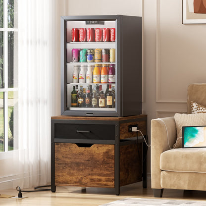 End Table with Charging Station, Mini Fridge Stand with Rolling Drawers