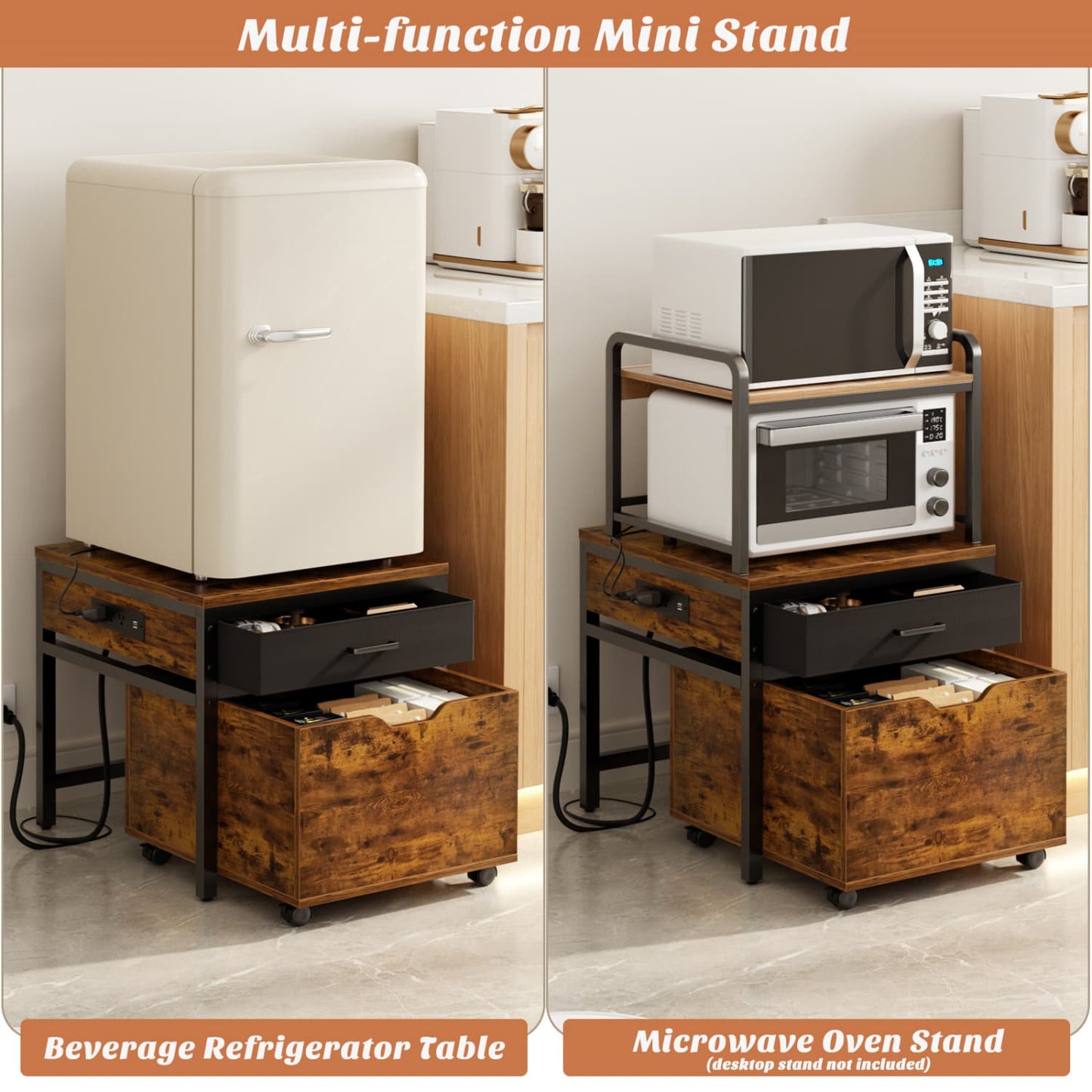 End Table with Charging Station, Mini Fridge Stand with Rolling Drawers