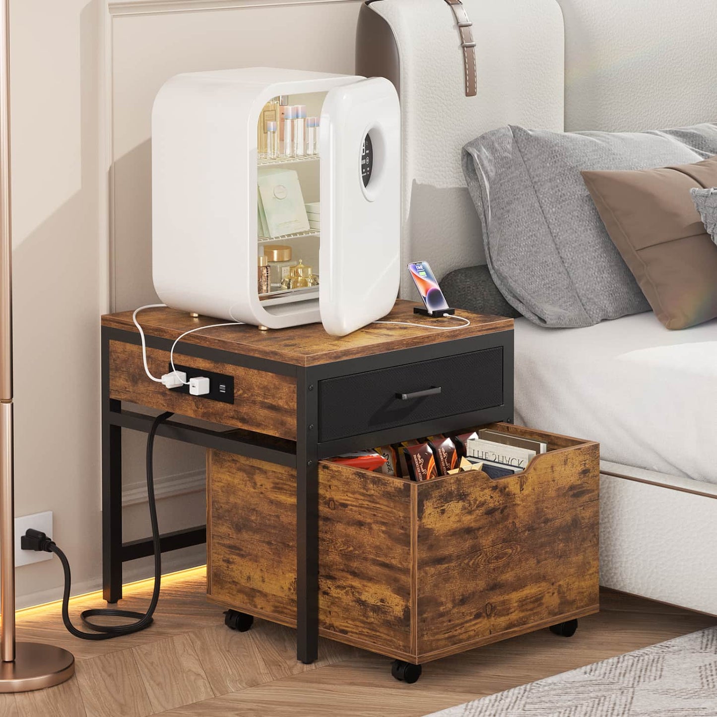End Table with Charging Station, Mini Fridge Stand with Rolling Drawers