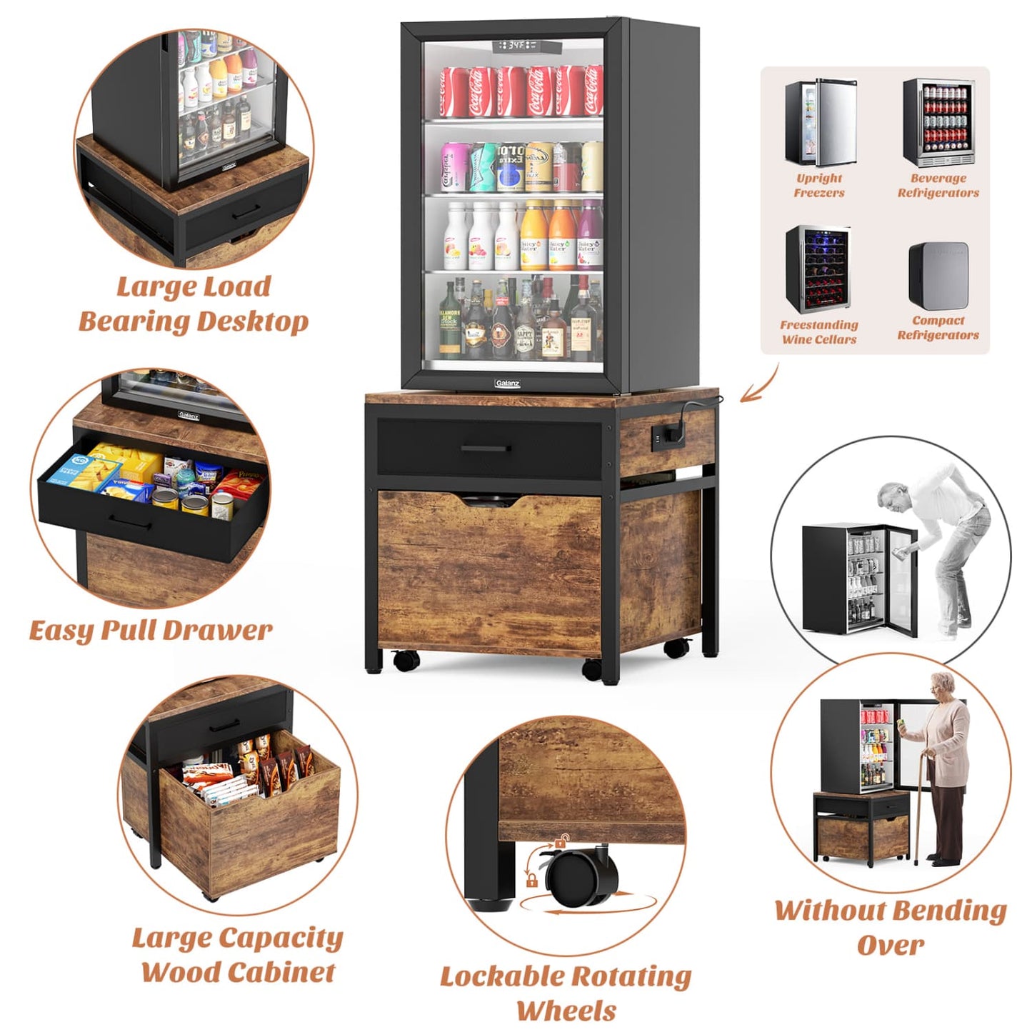 End Table with Charging Station, Mini Fridge Stand with Rolling Drawers