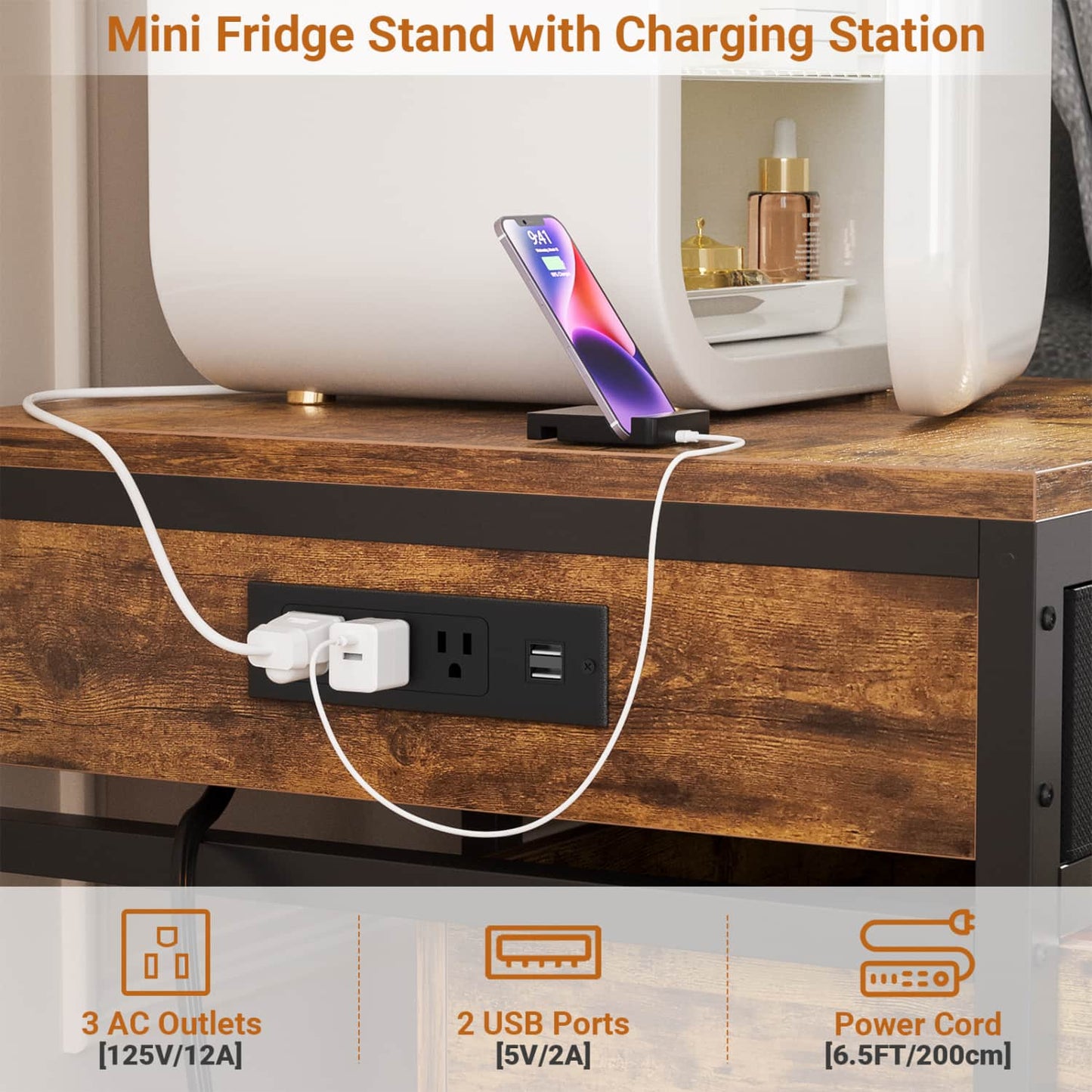 End Table with Charging Station, Mini Fridge Stand with Rolling Drawers