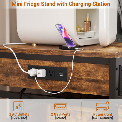 End Table with Charging Station, Mini Fridge Stand with Rolling Drawers