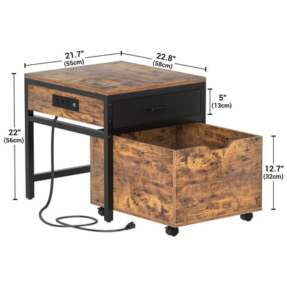 End Table with Charging Station, Mini Fridge Stand with Rolling Drawers