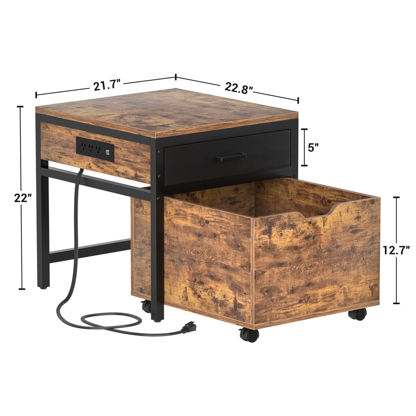 End Table with Charging Station, Mini Fridge Stand with Rolling Drawers