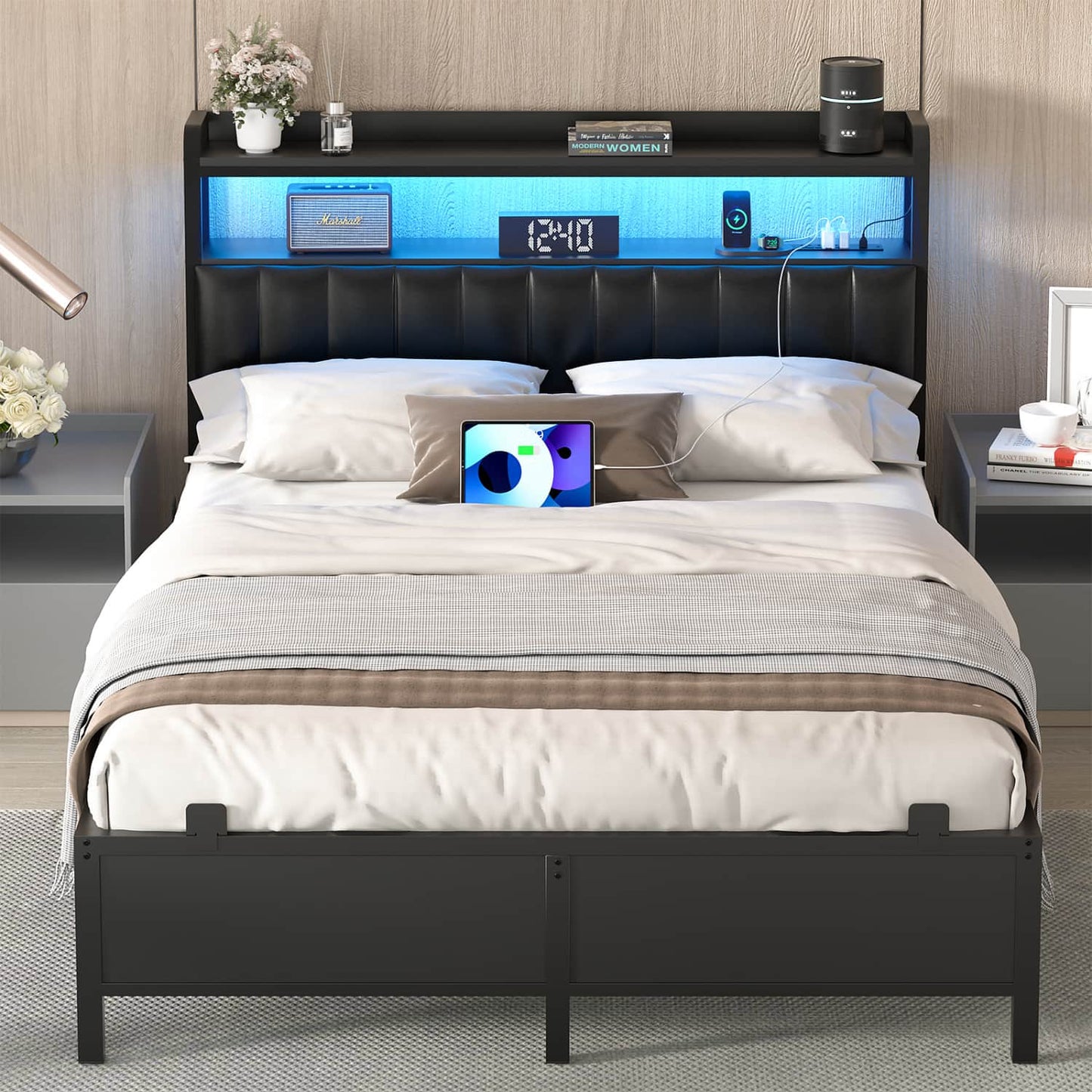 Bed Frame with Upholstered Storage Headboard