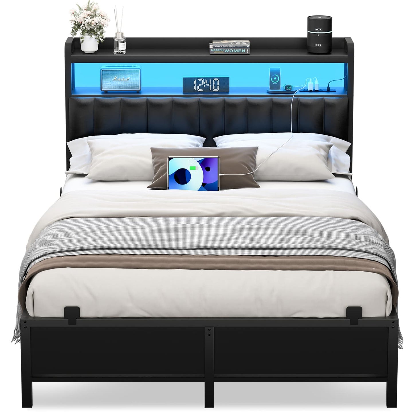 Bed Frame with Upholstered Storage Headboard