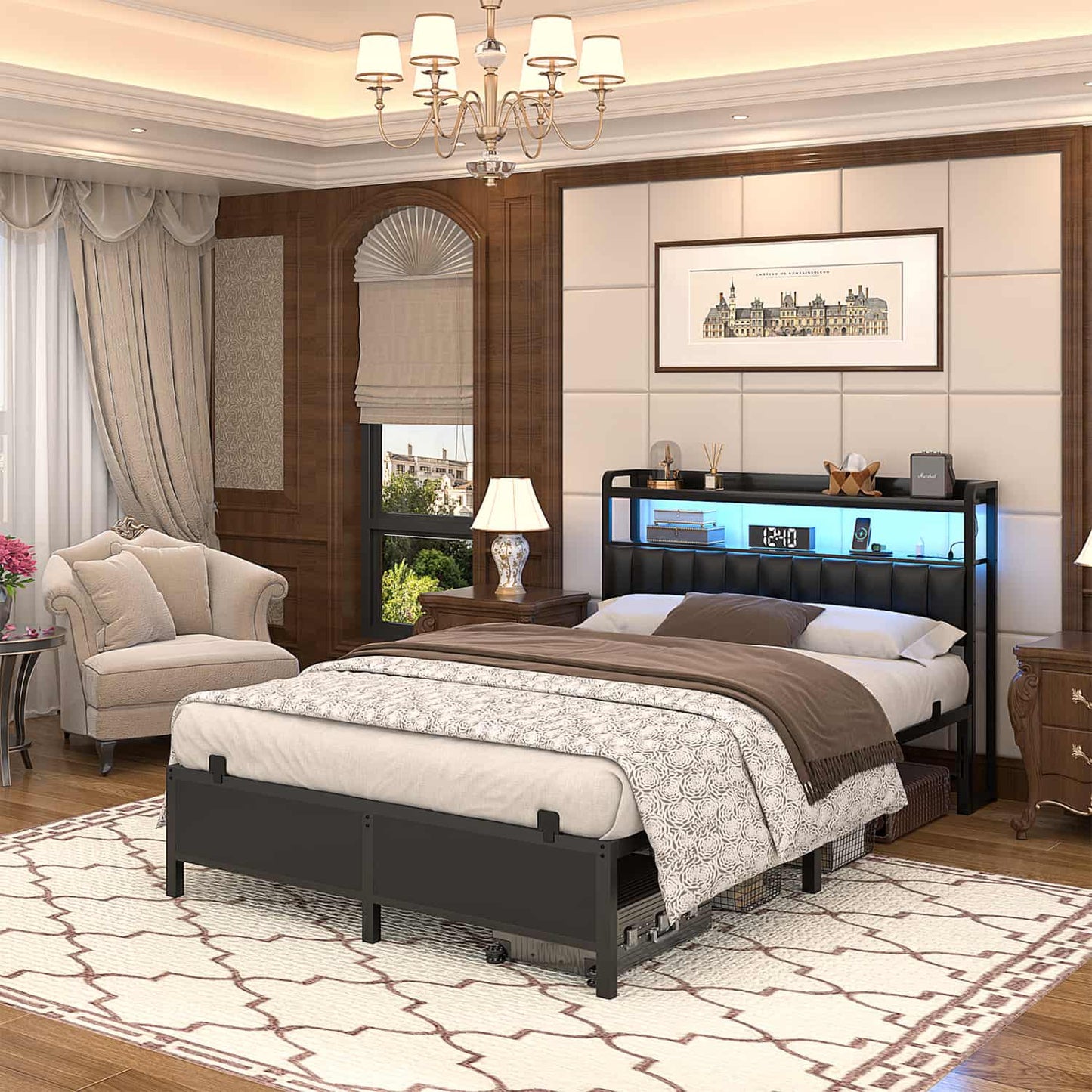 Bed Frame with Upholstered Storage Headboard