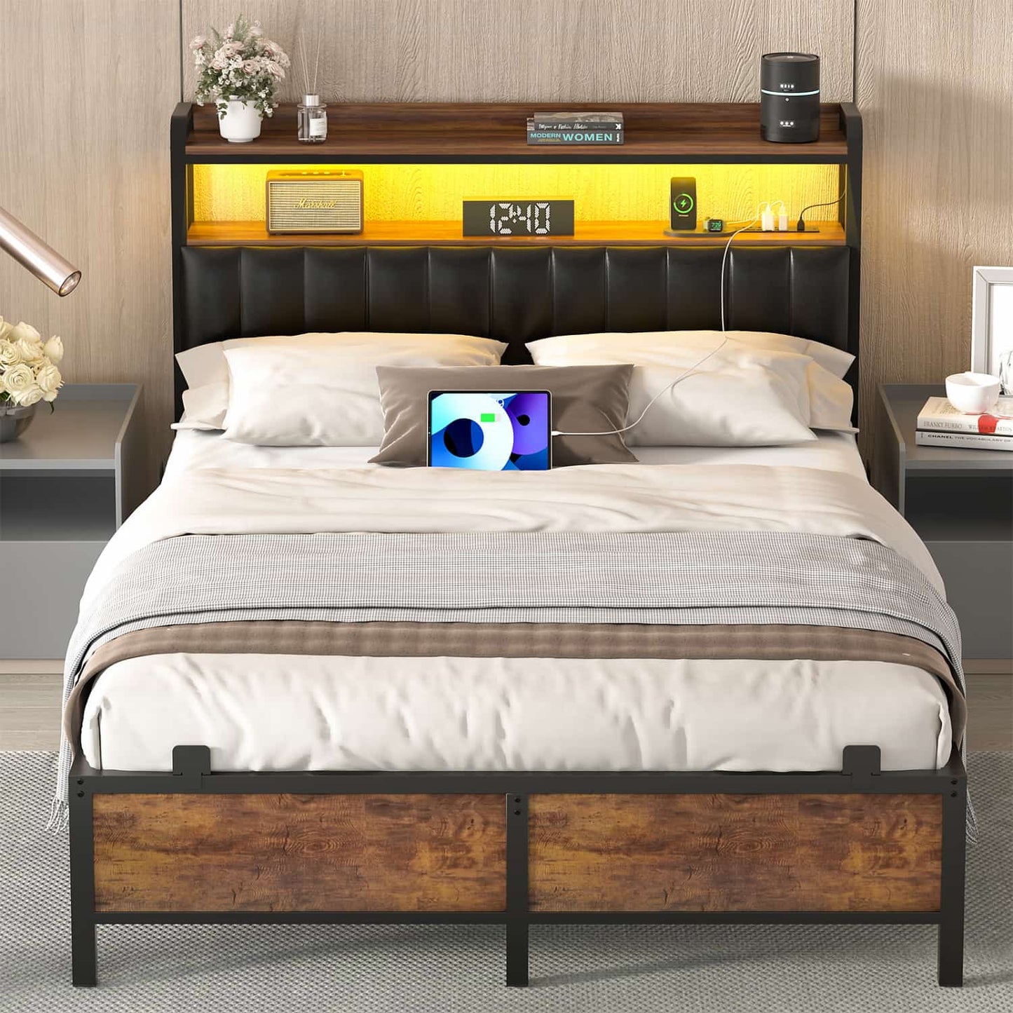 Bed Frame with Upholstered Storage Headboard and LED Light