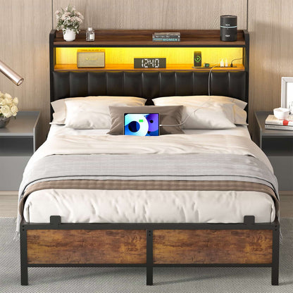 Bed Frame with Upholstered Storage Headboard and LED Light