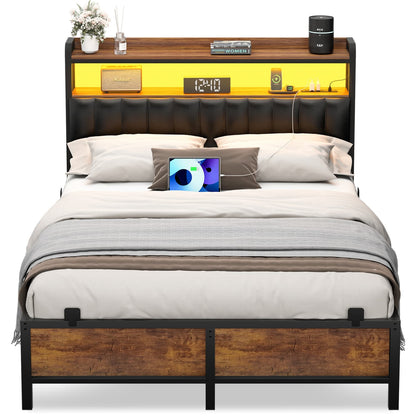 Bed Frame with Upholstered Storage Headboard and LED Light