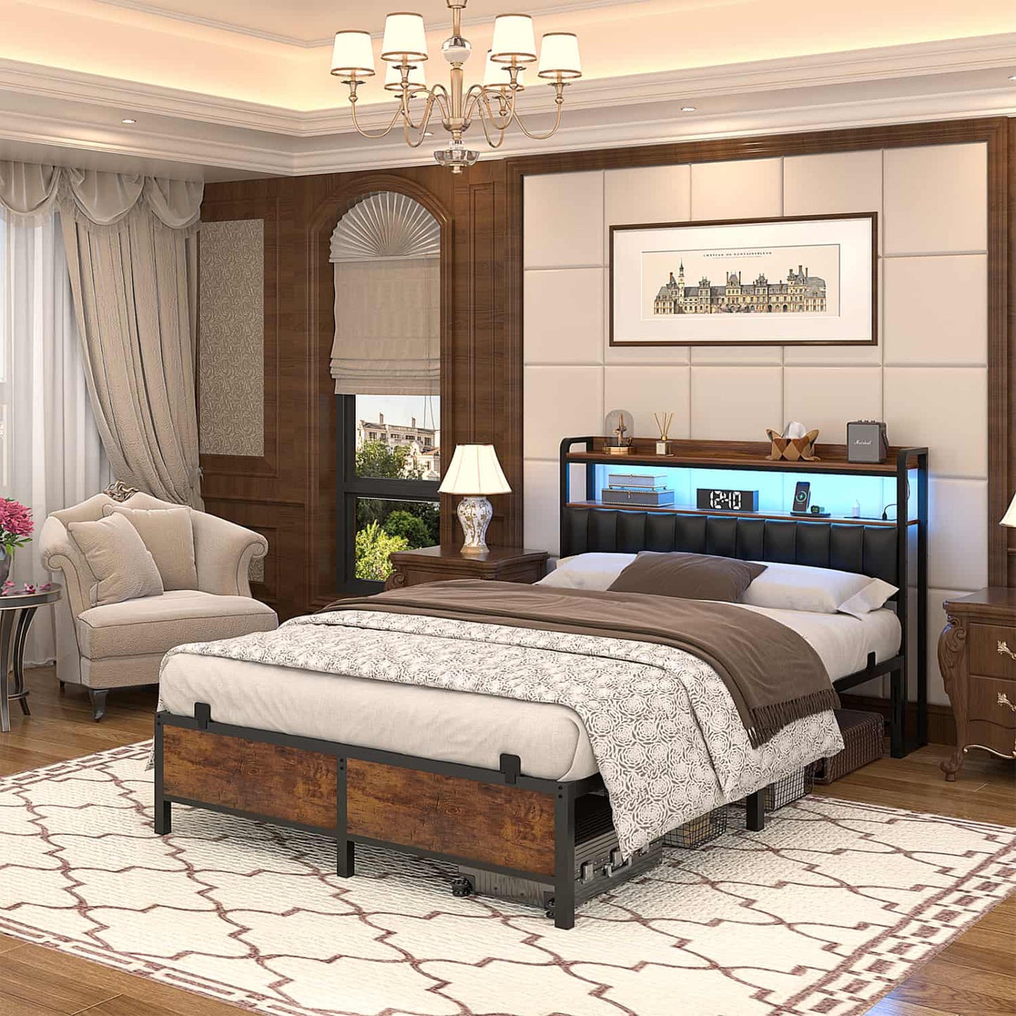 Bed Frame with Upholstered Storage Headboard and LED Light