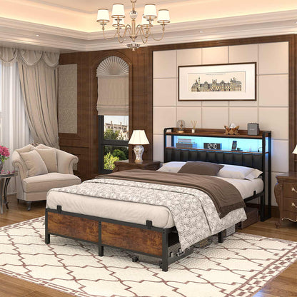 Bed Frame with Upholstered Storage Headboard and LED Light