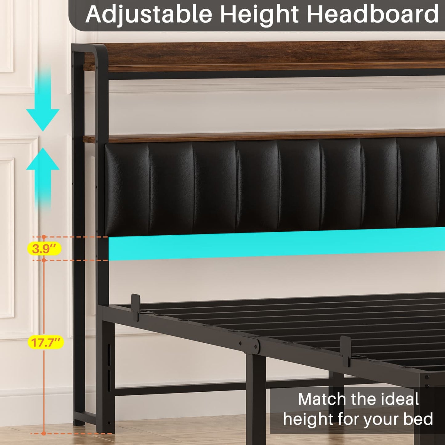 Bed Frame with Upholstered Storage Headboard and LED Light