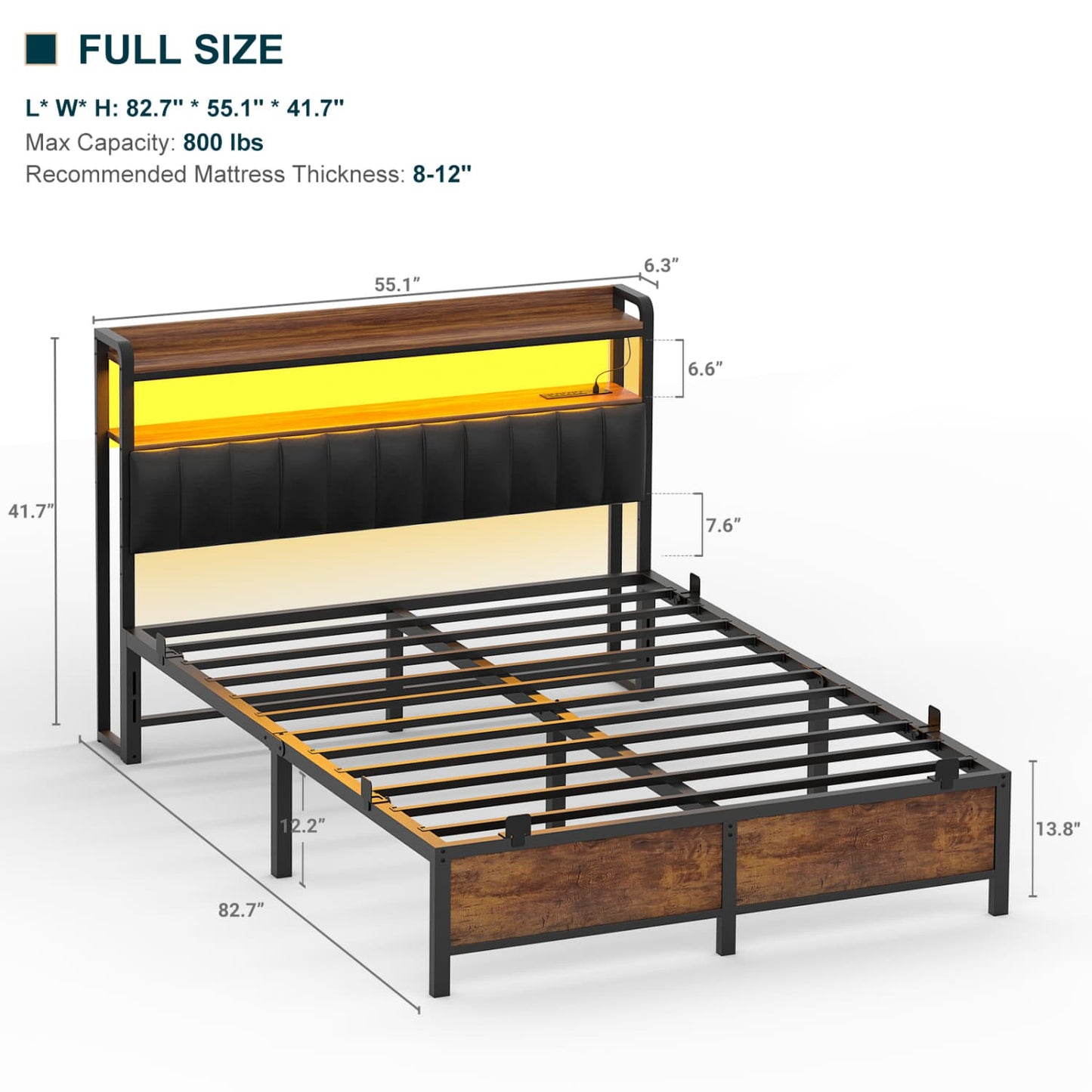 Bed Frame with Upholstered Storage Headboard and LED Light