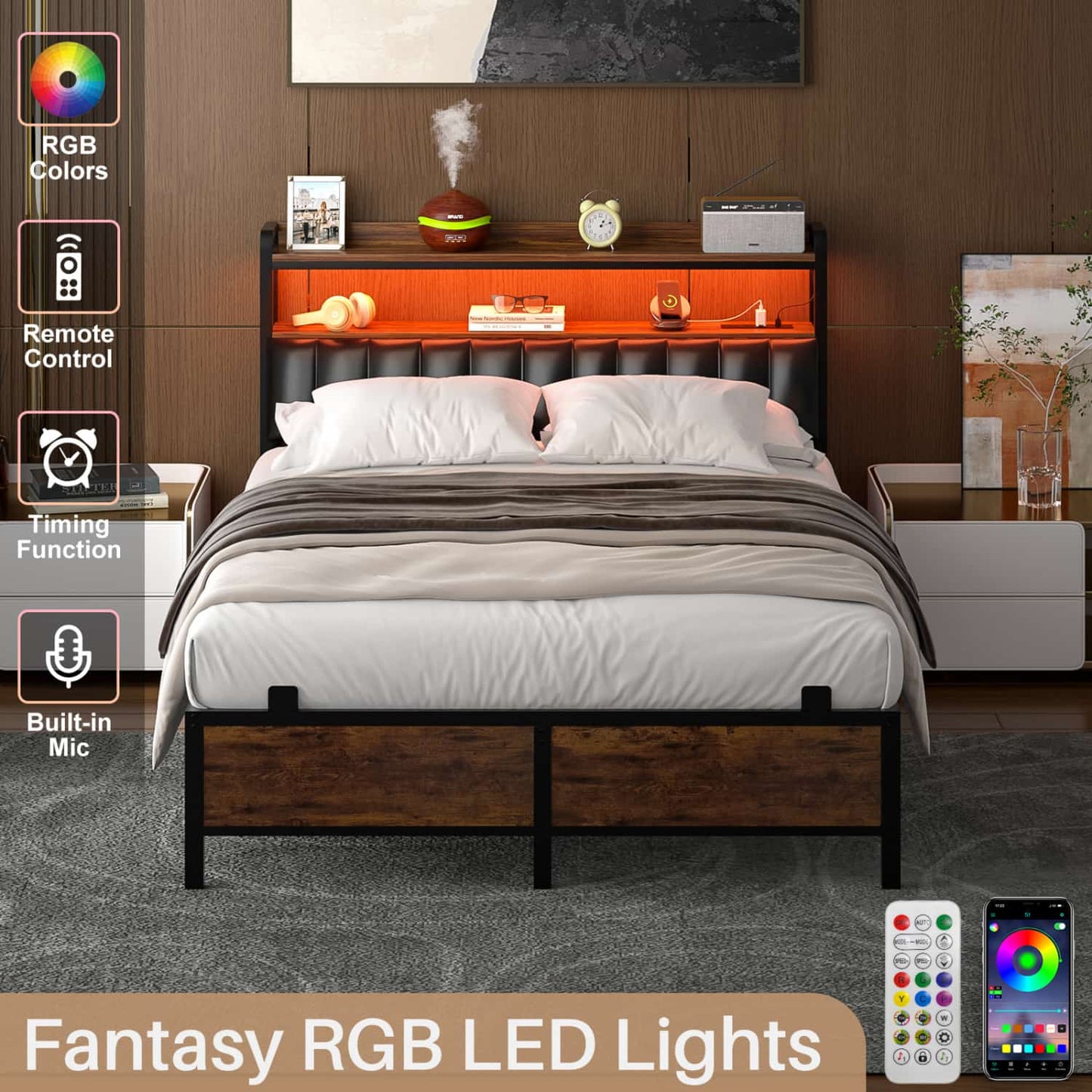 Bed Frame with Upholstered Storage Headboard and LED Light