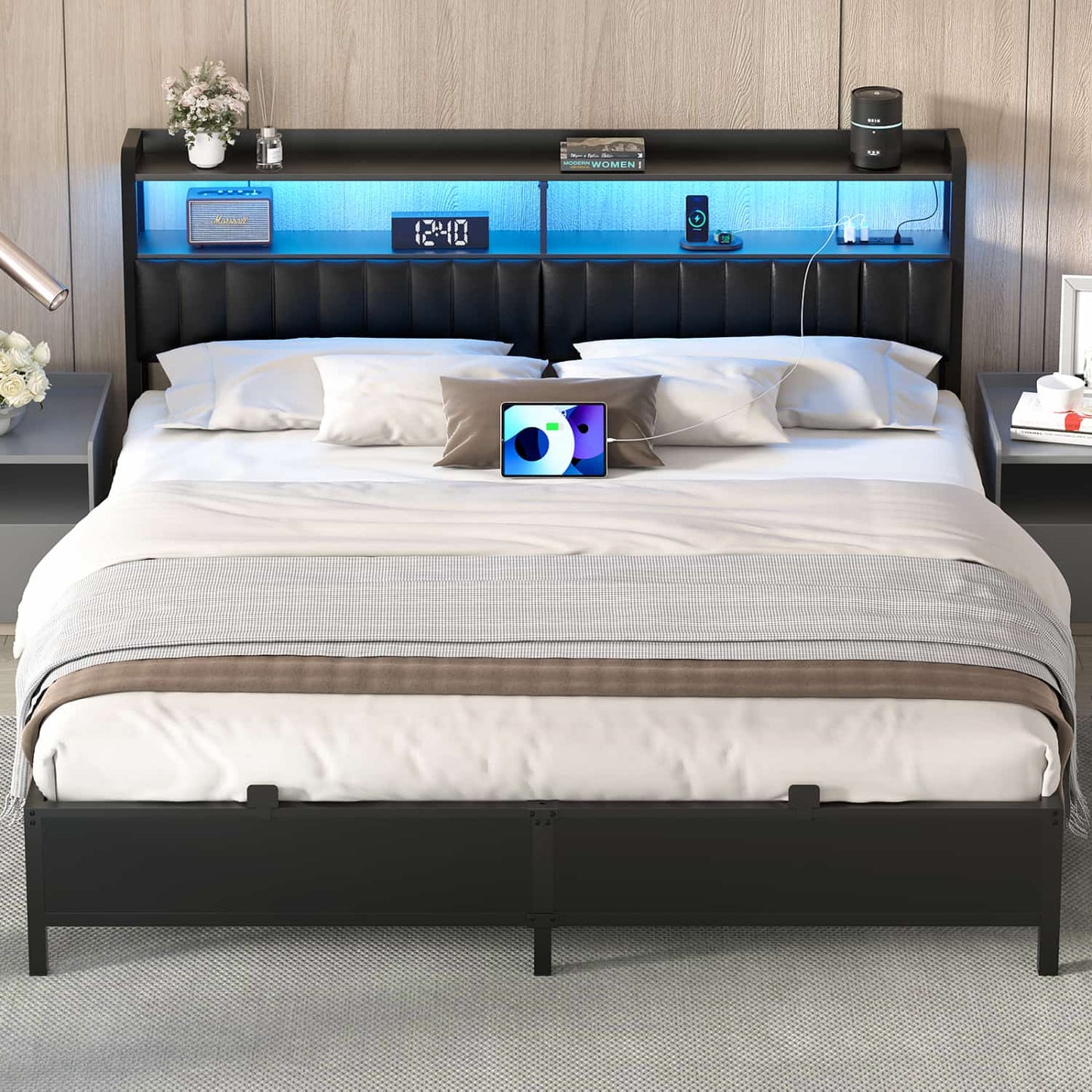 Bed Frame with Upholstered Storage Headboard