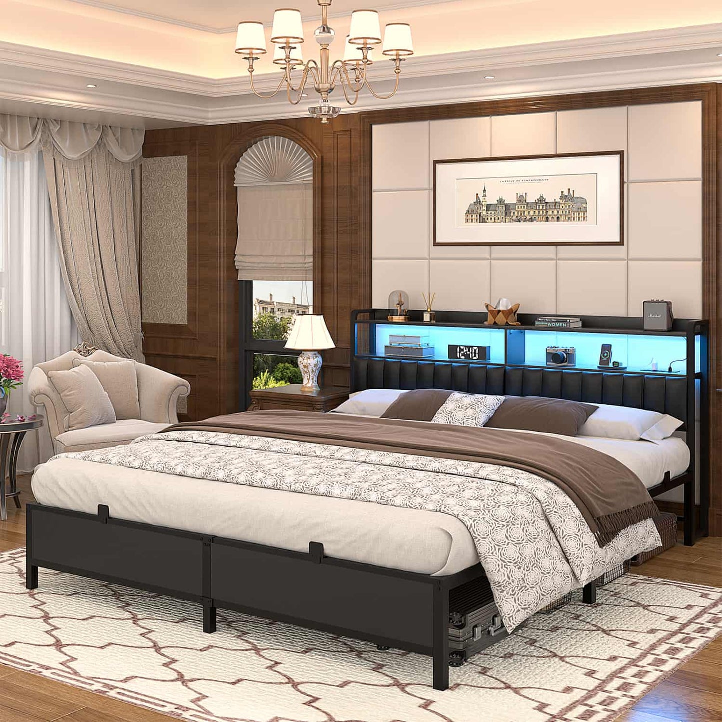Bed Frame with Upholstered Storage Headboard