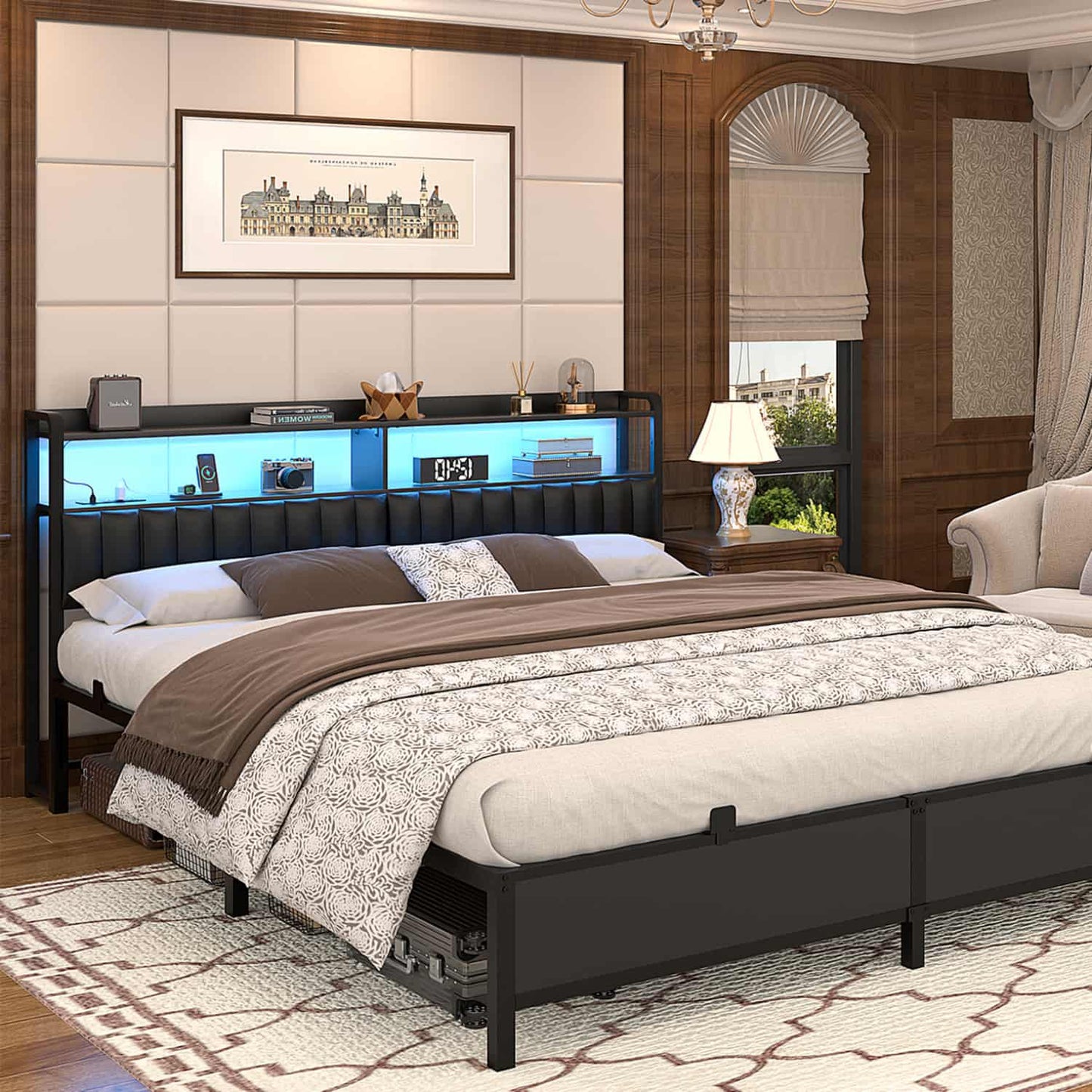 Bed Frame with Upholstered Storage Headboard