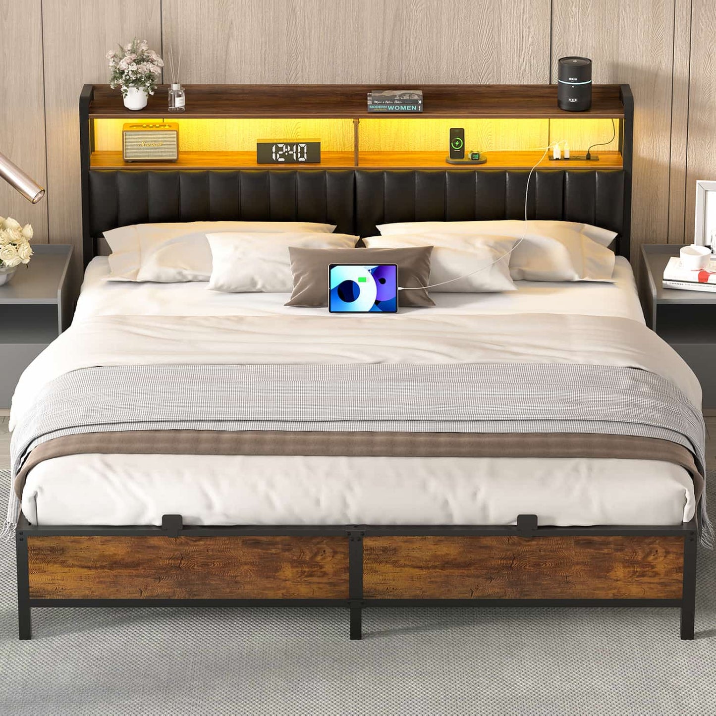 Bed Frame with Upholstered Storage Headboard and LED Light