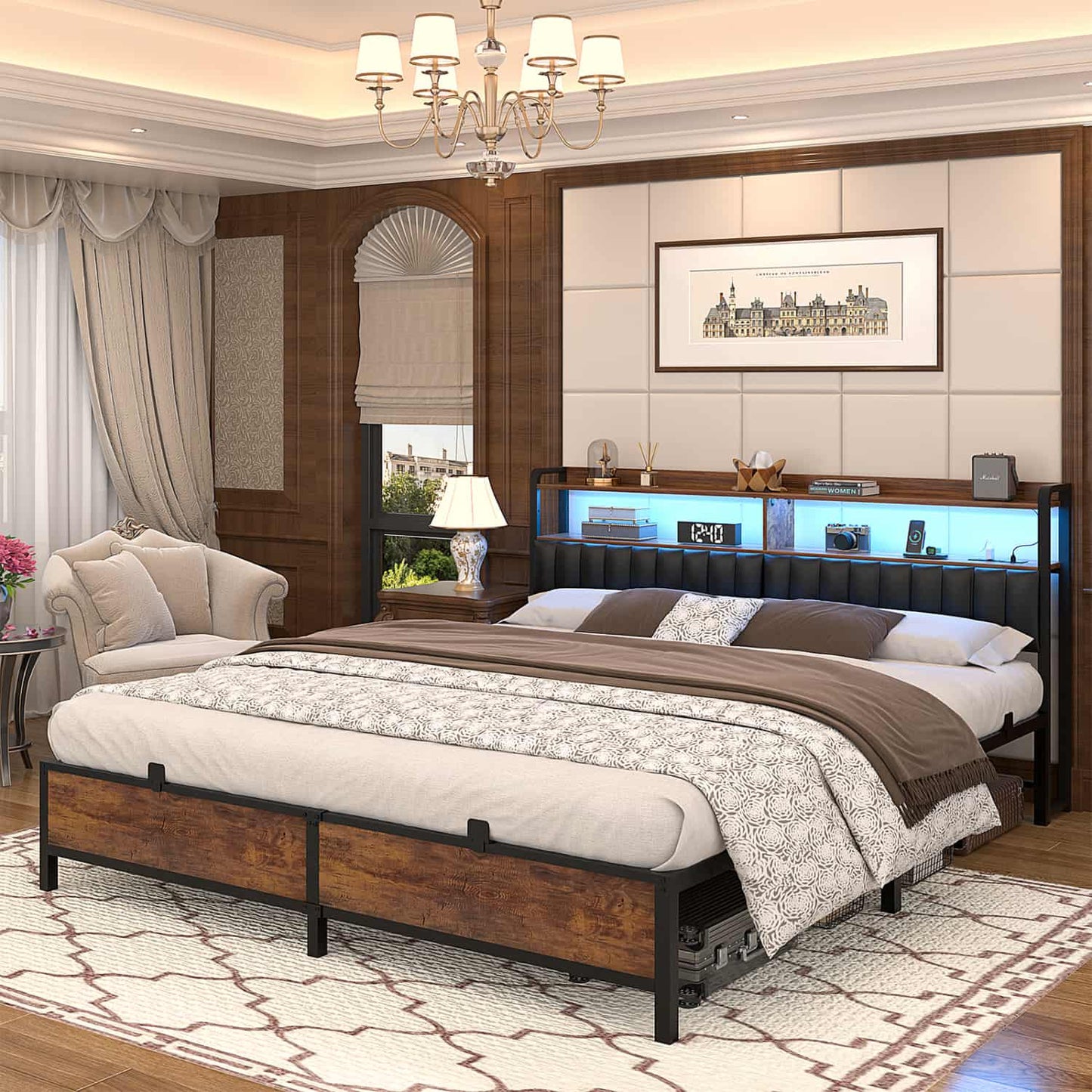 Bed Frame with Upholstered Storage Headboard and LED Light