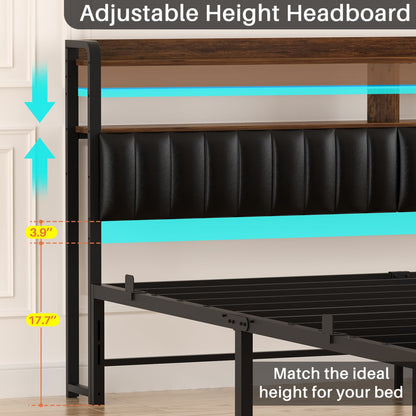 Bed Frame with Upholstered Storage Headboard and LED Light