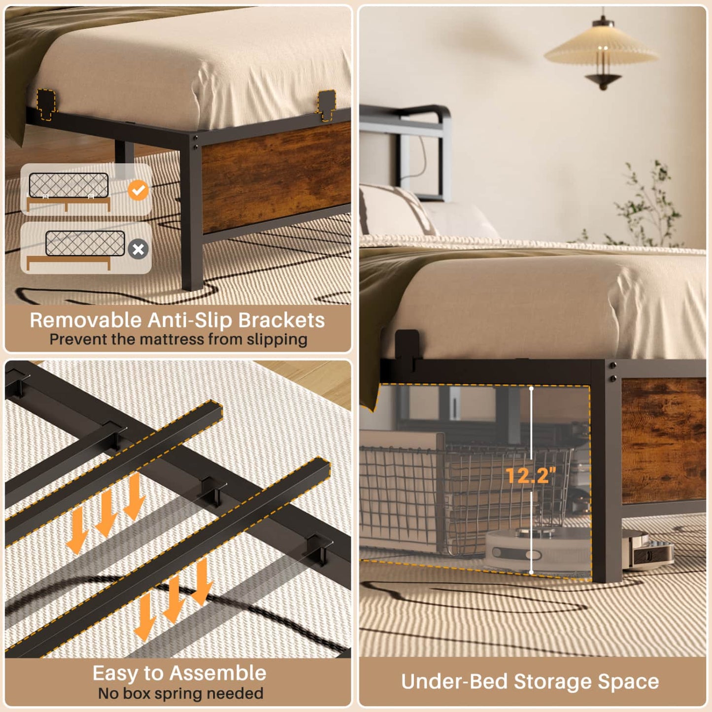 Bed Frame with Upholstered Storage Headboard and LED Light