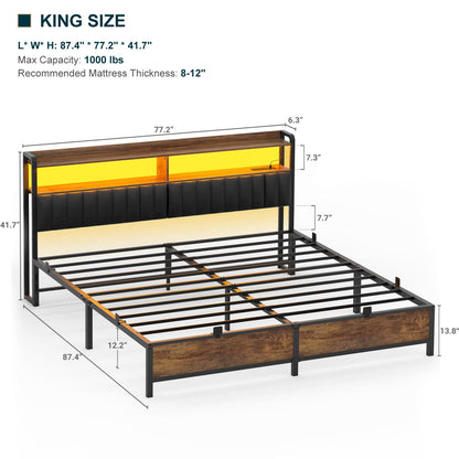 Bed Frame with Upholstered Storage Headboard and LED Light