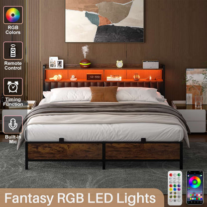 Bed Frame with Upholstered Storage Headboard and LED Light