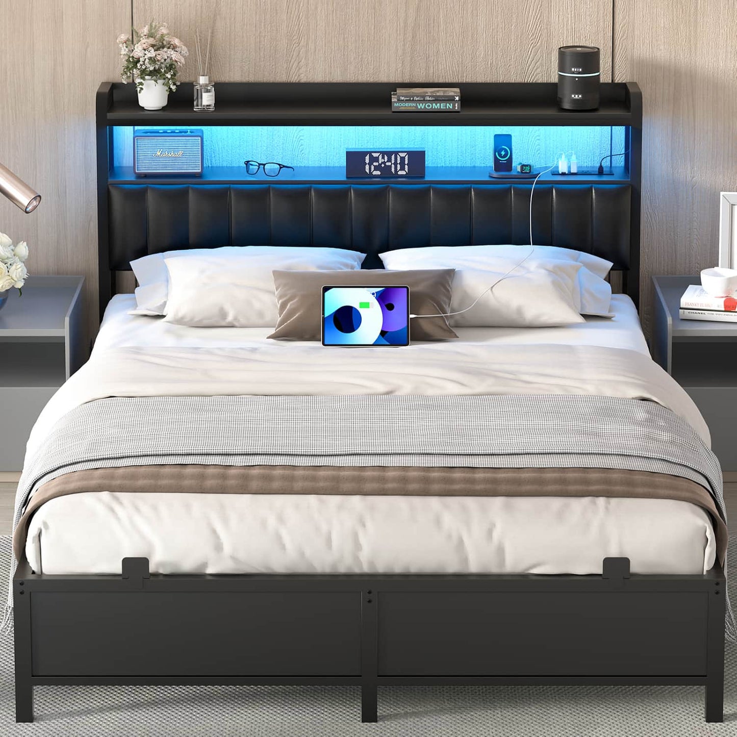 Bed Frame with Upholstered Storage Headboard