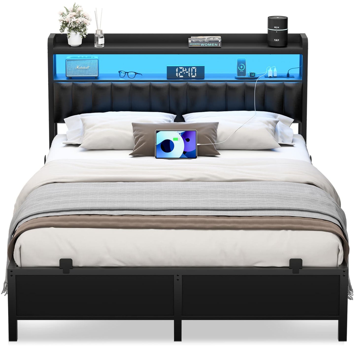 Bed Frame with Upholstered Storage Headboard