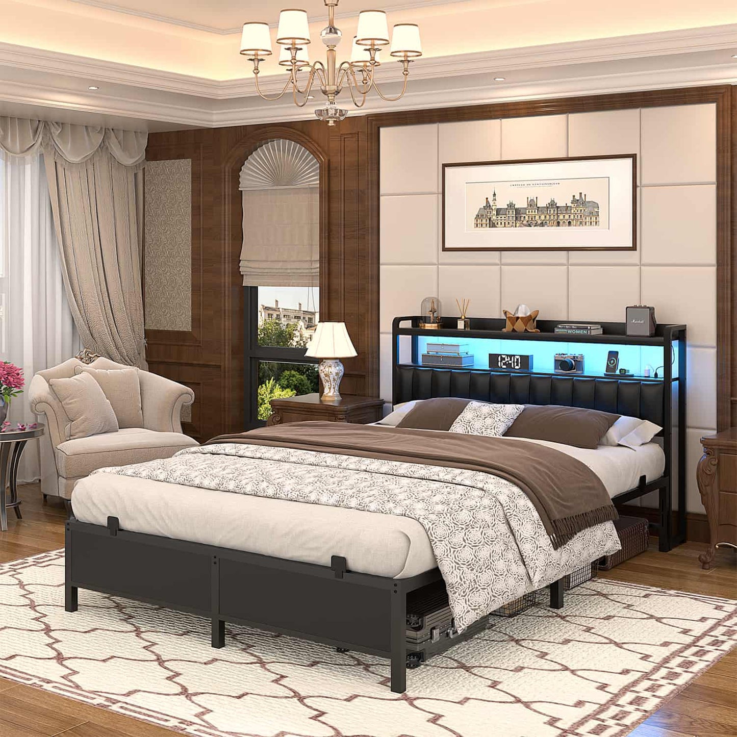 Bed Frame with Upholstered Storage Headboard