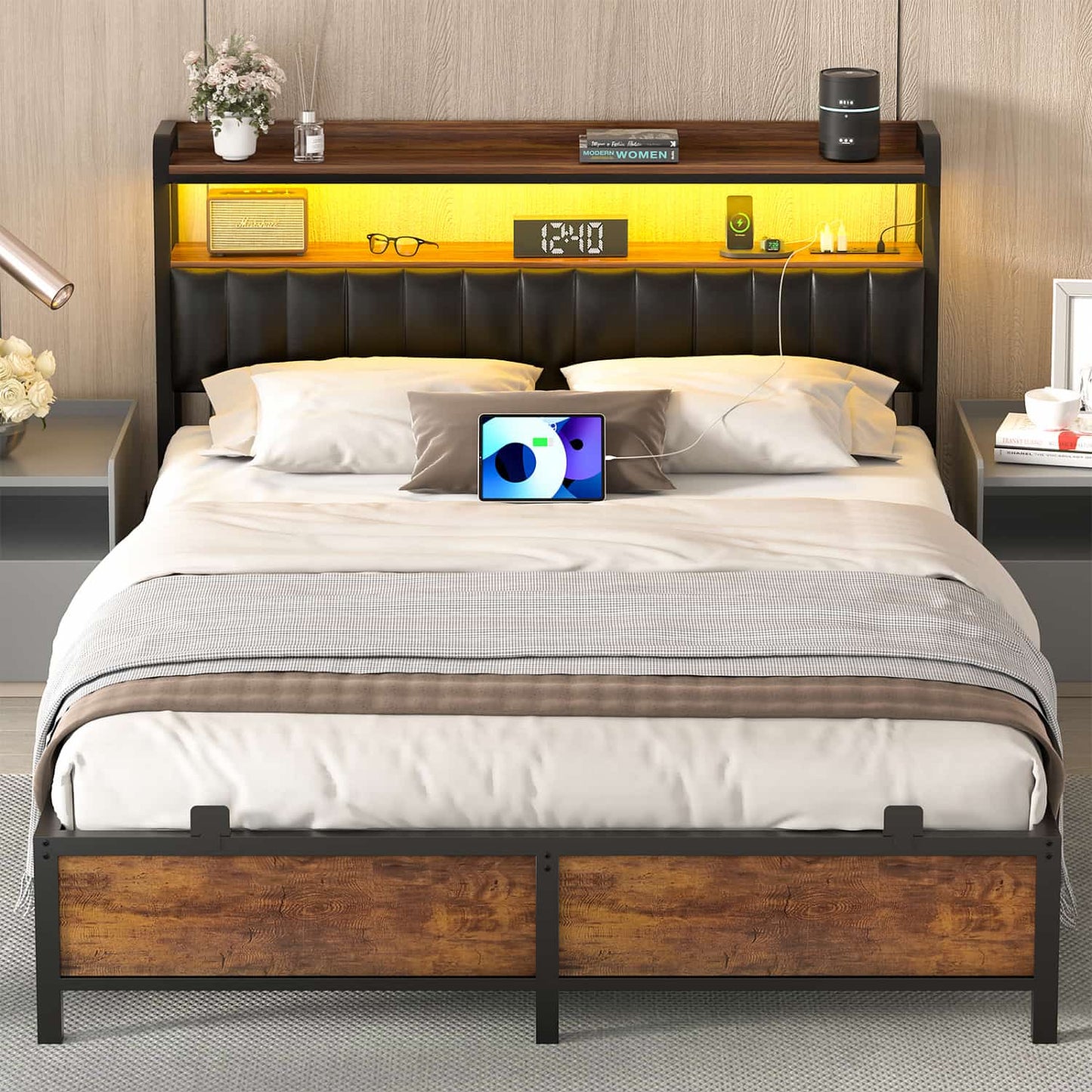 Bed Frame with Upholstered Storage Headboard and LED Light