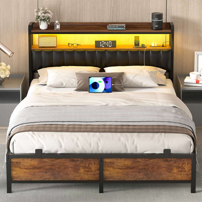 Bed Frame with Upholstered Storage Headboard and LED Light