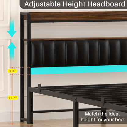 Bed Frame with Upholstered Storage Headboard and LED Light
