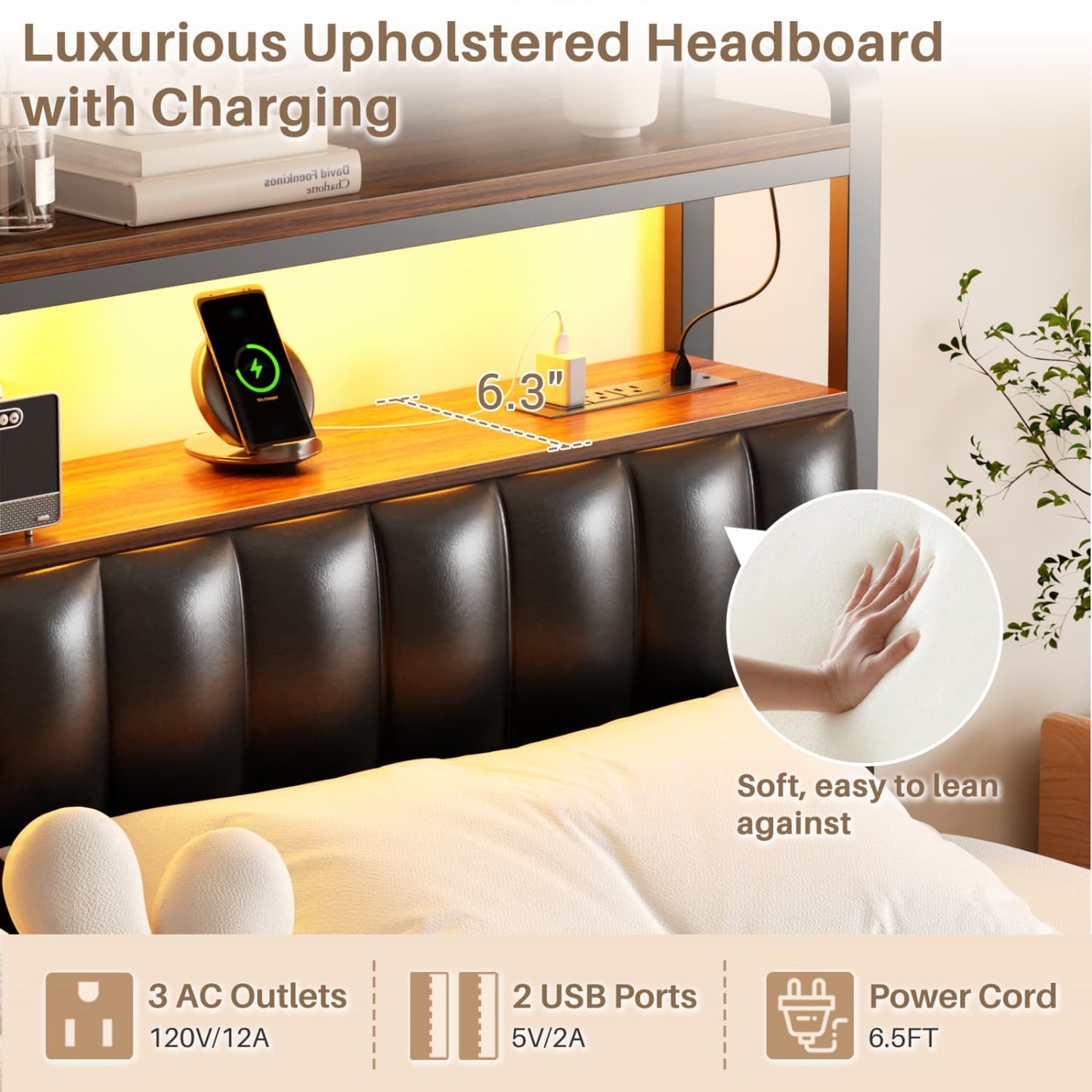 Bed Frame with Upholstered Storage Headboard and LED Light