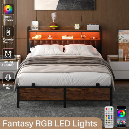 Bed Frame with Upholstered Storage Headboard and LED Light