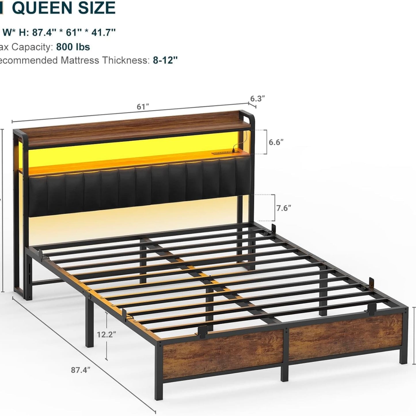 Bed Frame with Upholstered Storage Headboard and LED Light
