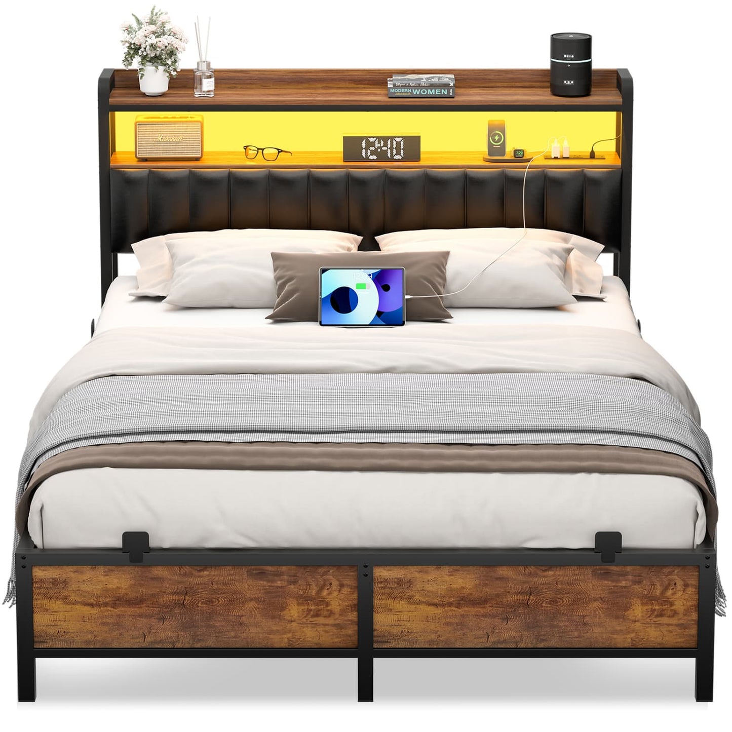 Bed Frame with Upholstered Storage Headboard and LED Light