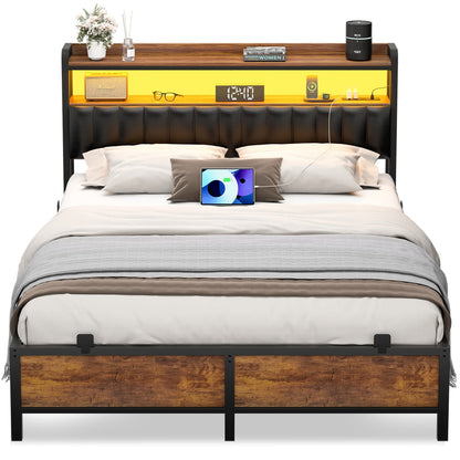 Bed Frame with Upholstered Storage Headboard and LED Light