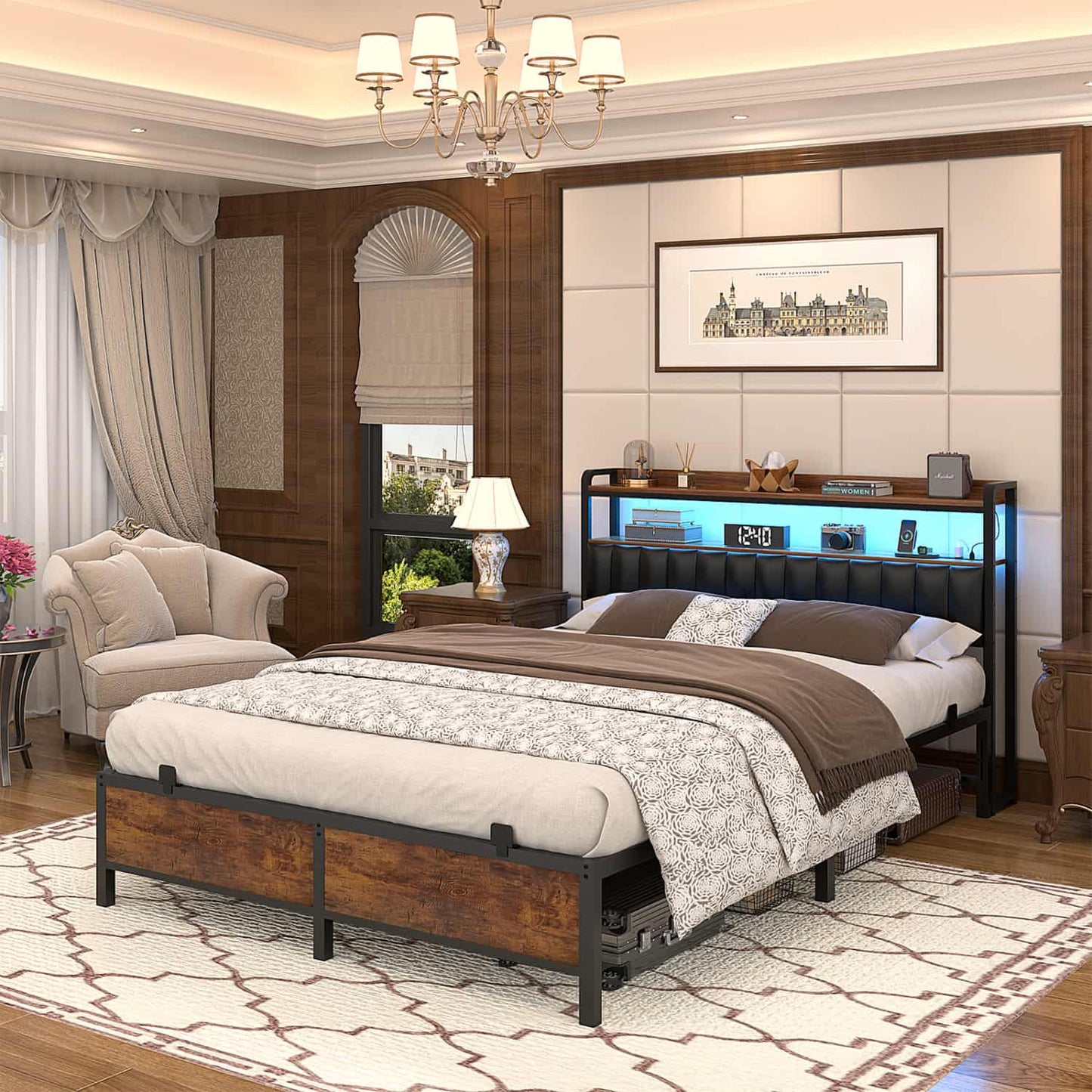 Bed Frame with Upholstered Storage Headboard and LED Light