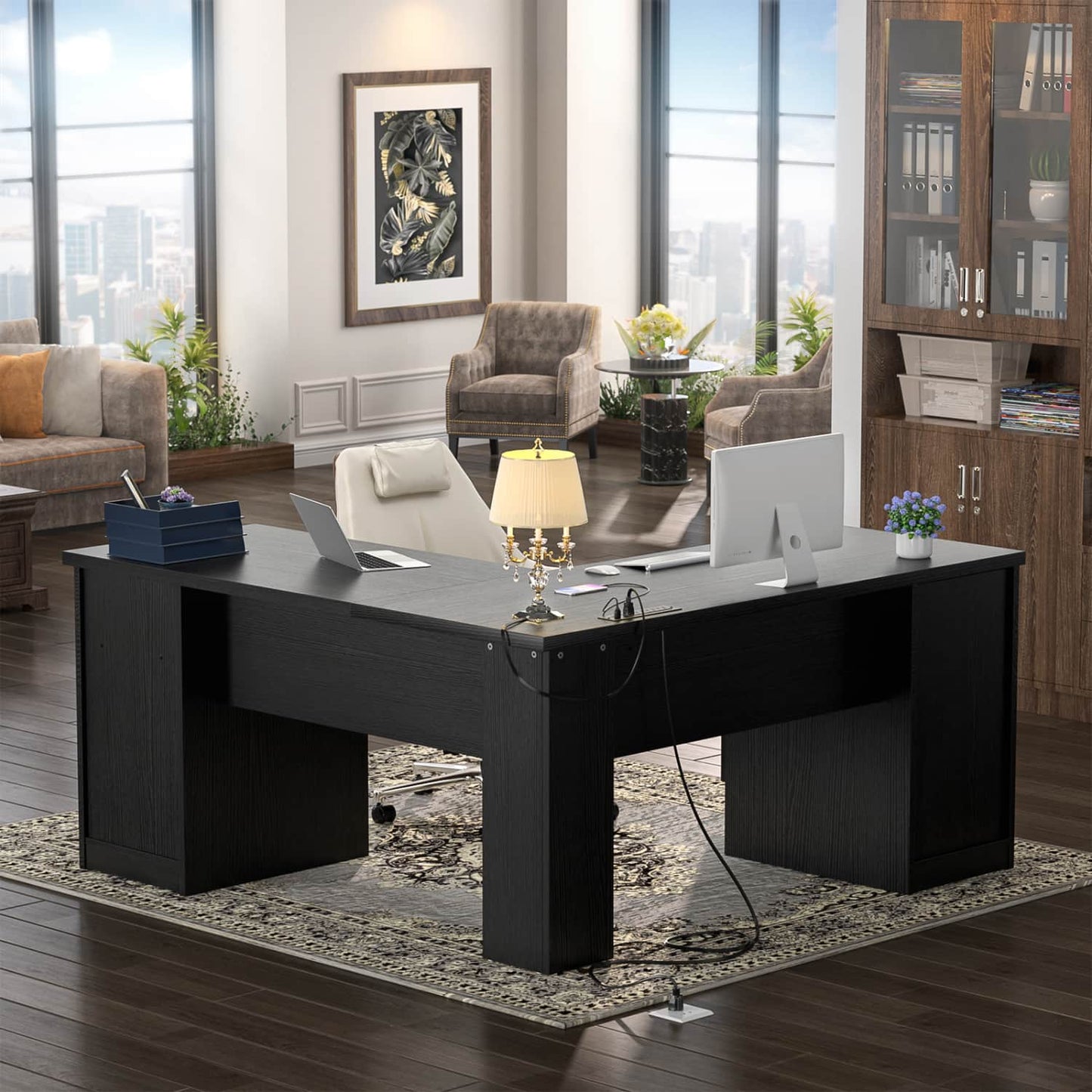 L Shaped Desk with Charging Station, Corner Computer Desk with Hutch